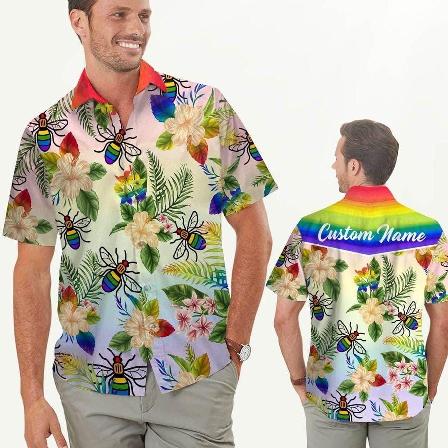 Hawaiian Aloha Shirts Rainbow Bee Hibiscus LGBT Pride Custom Name