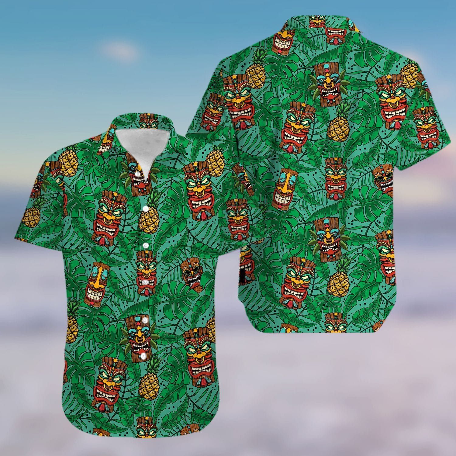 Hawaiian Aloha Shirts Tiki And Pineapple #2704KV