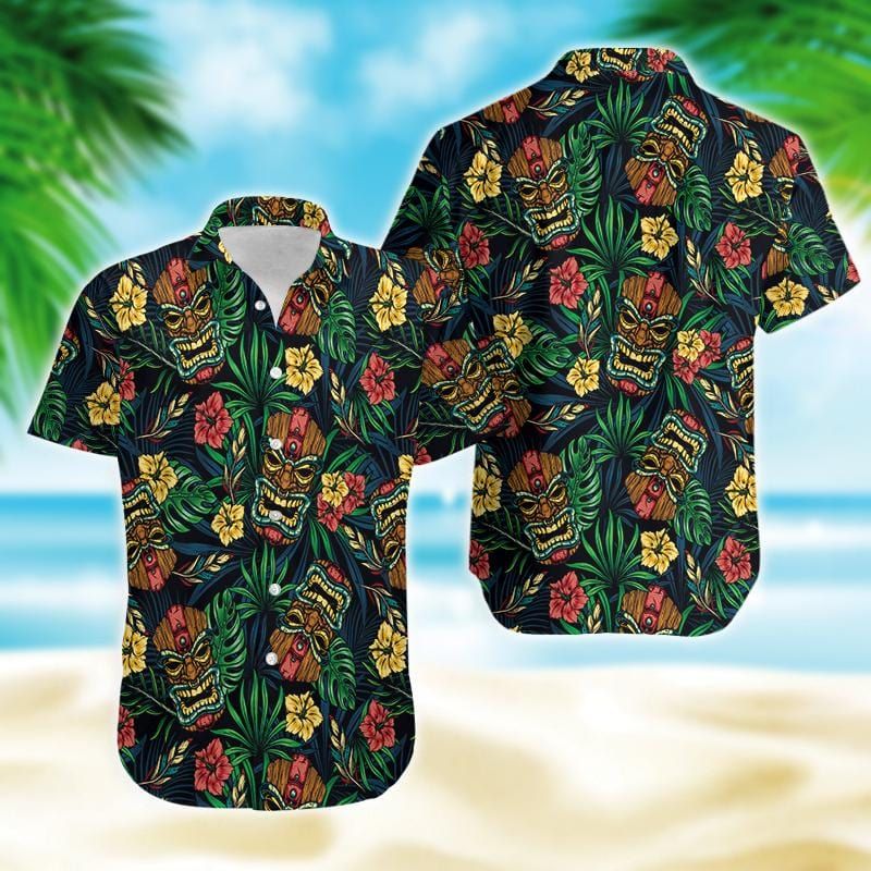 Hawaiian Aloha Shirts Tiki Tiki Green Tropical #2703DH