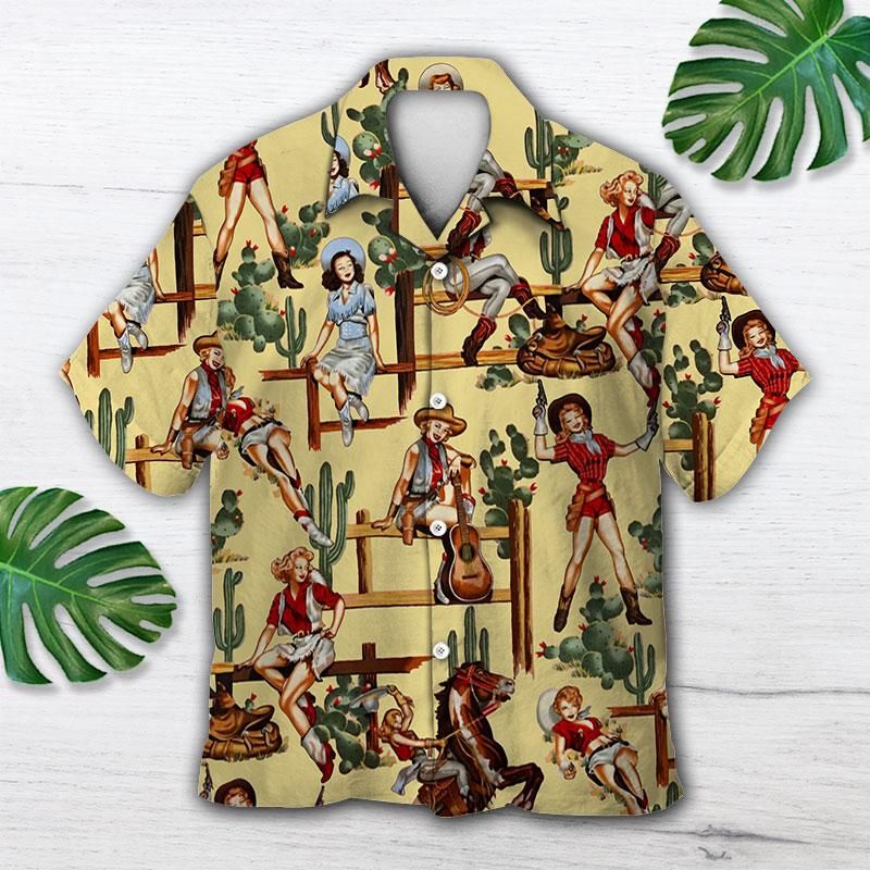 Hawaiian Shirt Unisex Womens & Mens, Couples Matching, Friends, Funny Family Printed Holiday Gifts – Strong Cowgirl Yellow Background – Atzapparels