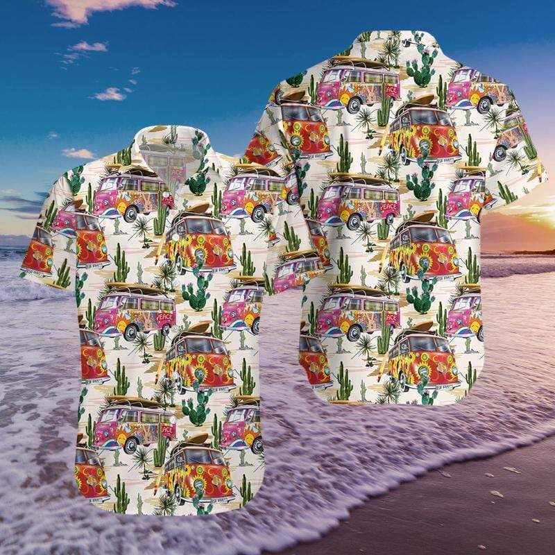 Hippie Cars At Desert Cactus Hawaiian Aloha Shirts #221220l