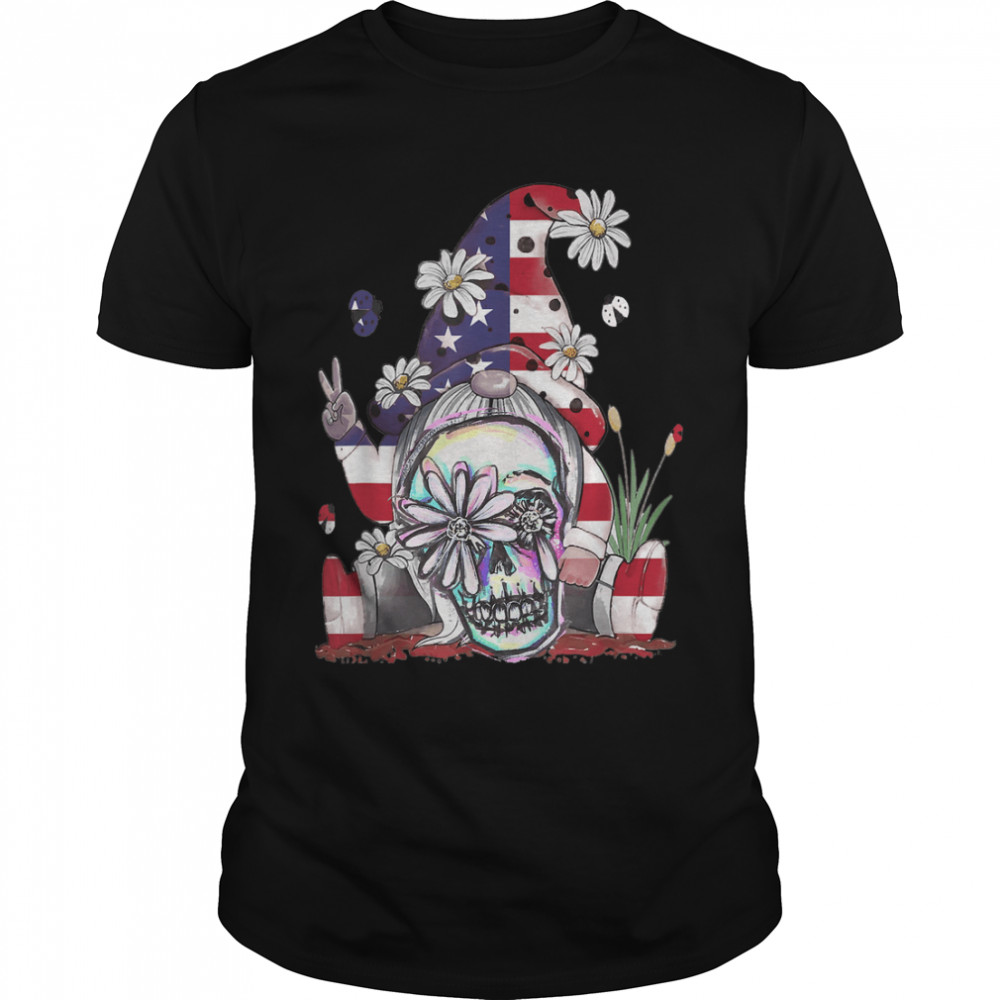 Hippie Gnome Daisy Skull American Flag T-Shirt