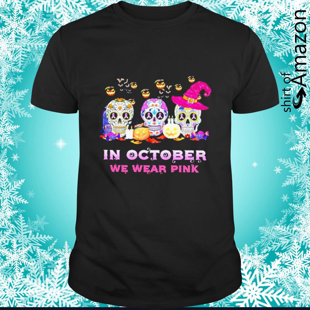Hippie skull in October we wear pink breast cancer Halloween shirt