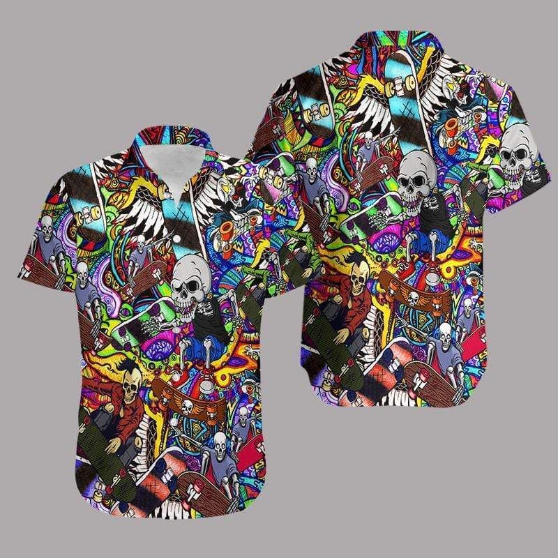Hippie Skull Skating Hawaiian Aloha Shirts #101220dh