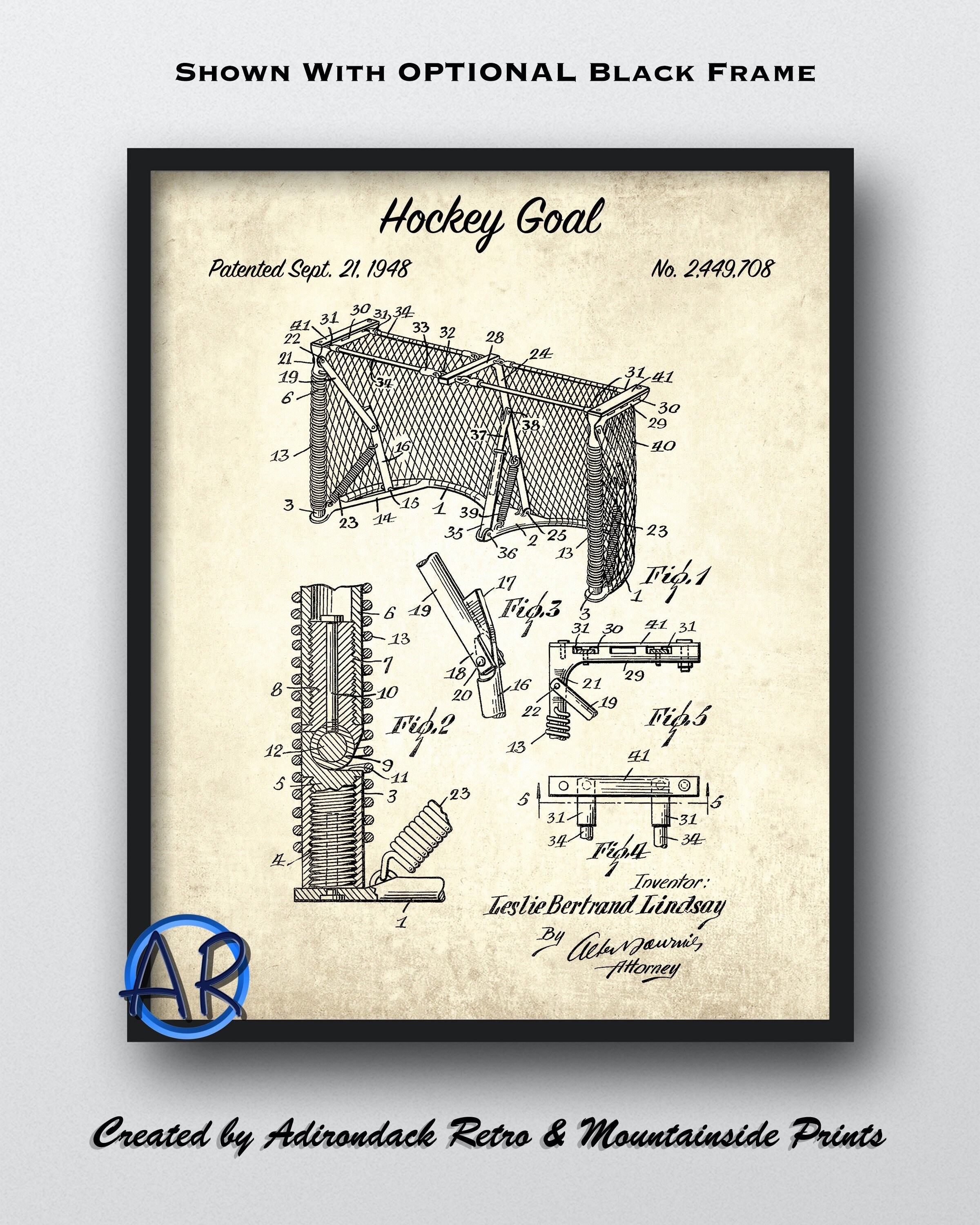 Hockey Goal Patent Art Print - 1948 Hockey Patent Poster - Vintage Hockey Art - Hockey Lover Gift - Game Room Decor