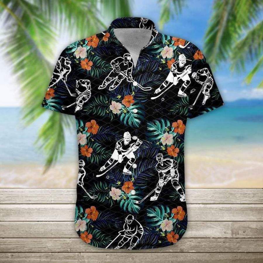 Hockey Player Black Tropical Hibiscus Hawaiian Aloha Shirts
