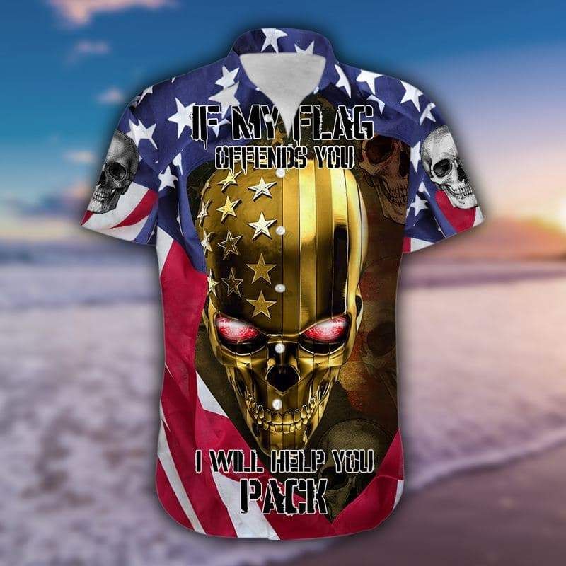 If My Flag Offends You Gold Skull American Flag Hawaiian Shirts #h