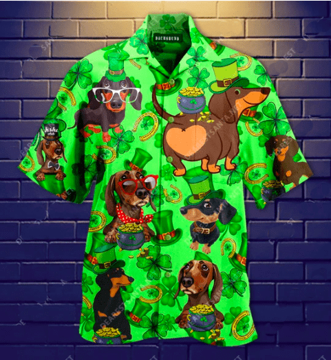 Irish Dachshund Dog Patrick’s Day Shamrock Green Hawaiian Aloha Shirts