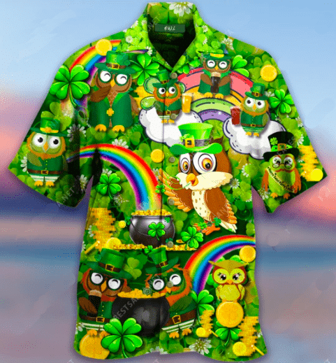 Irish Owl Patrick’s Day Shamrock Green Hawaiian Aloha Shirts