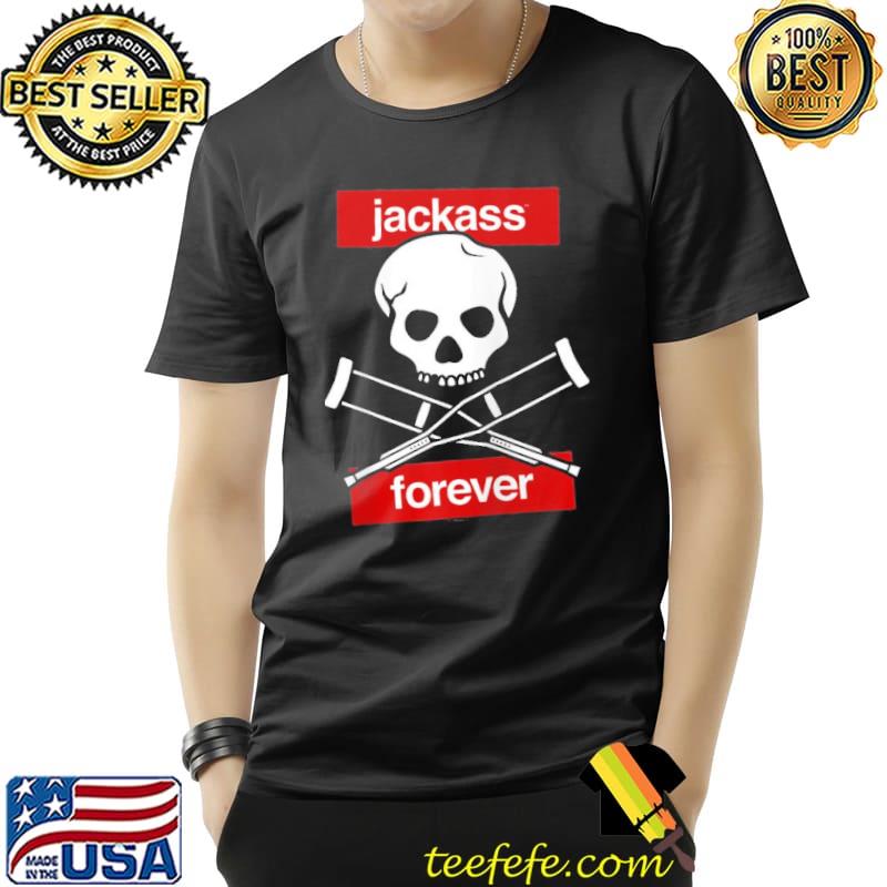 Jackass forever red skull and crutches warning logo shirt