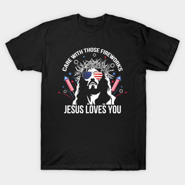 Jesus Sunglasses American Firework USA Flag Unisex T-Shirt