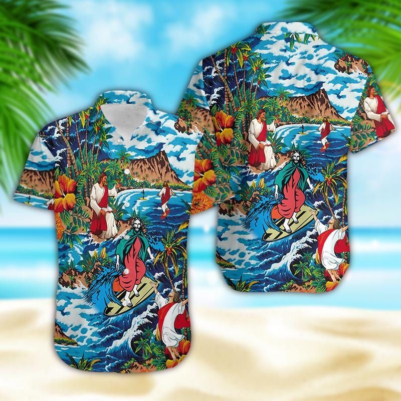Jesus Surfing On Island Hawaiian Aloha Shirts #Dh