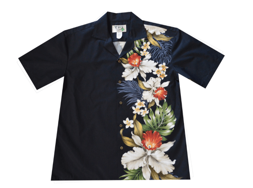 Ky’s Mens Black Button Down Hawaiian Shirt With Hibiscus And Plumeria Border