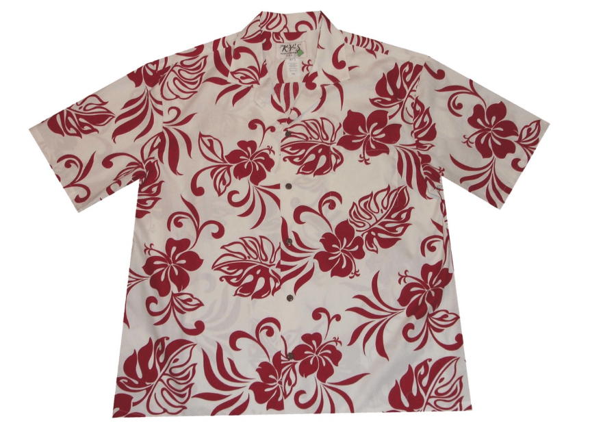 Ky’s Mens White Mens Button Down Hawaiian Shirt With Red Hibiscus