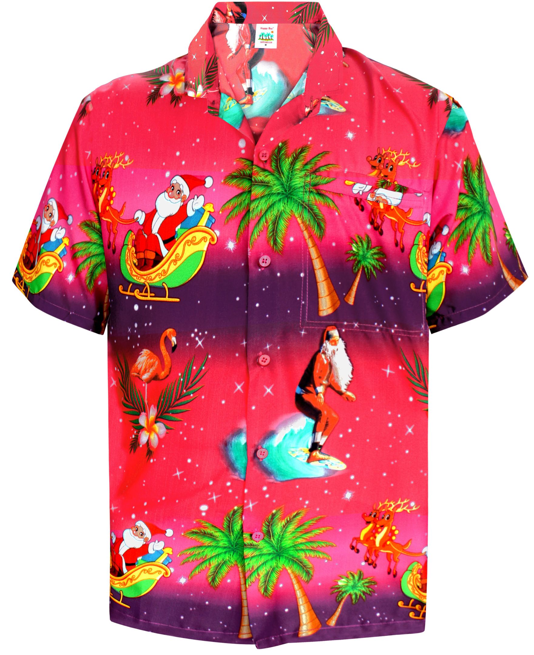 La Leela Men’s Casual Beach Hawaiian Shirt Aloha Christmas Santa Front Pocket Short Sleeve Pink_w582