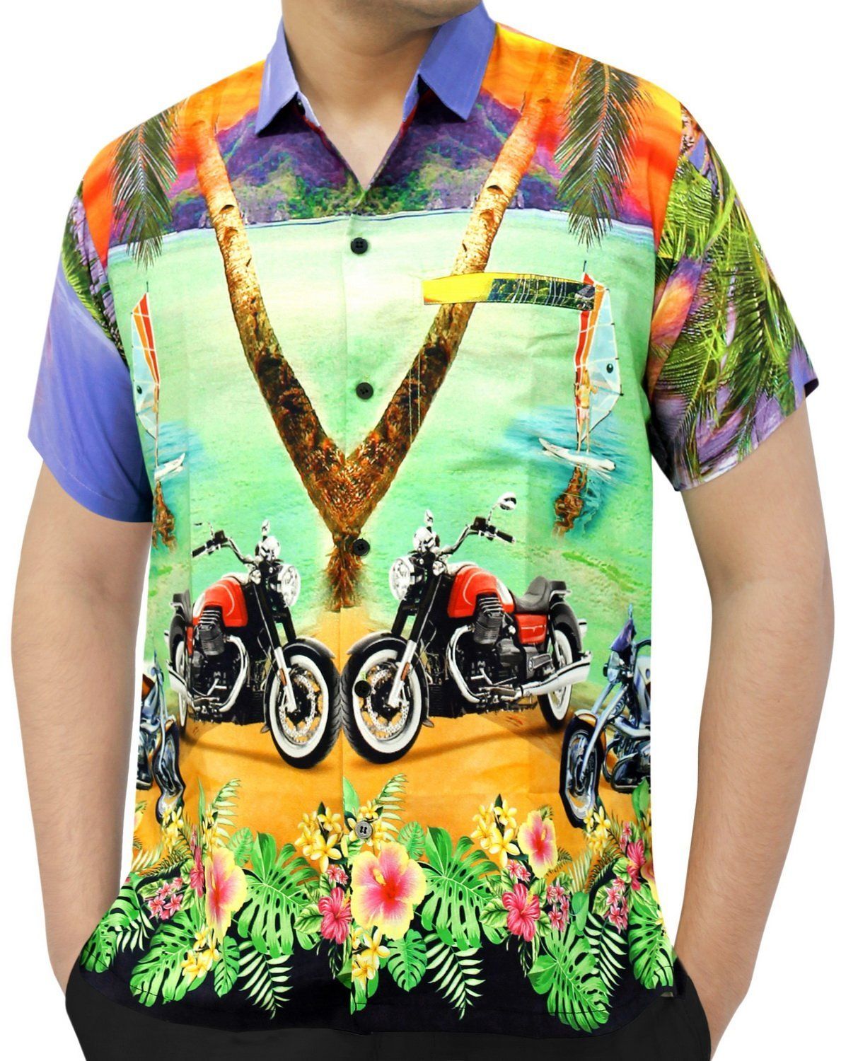 La Leela Men’s Casual Beach Hawaiian Shirt Aloha Tropical Beach Front Pocket Short Sleeve Violet
