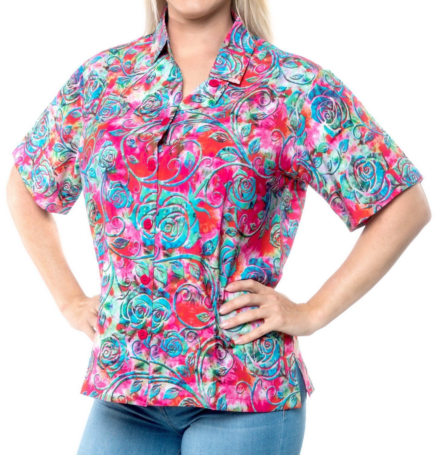 La Leela Women’s Beach Casual Hawaiian Blouse Short Sleeve Button Down Shirt Tropical Pink