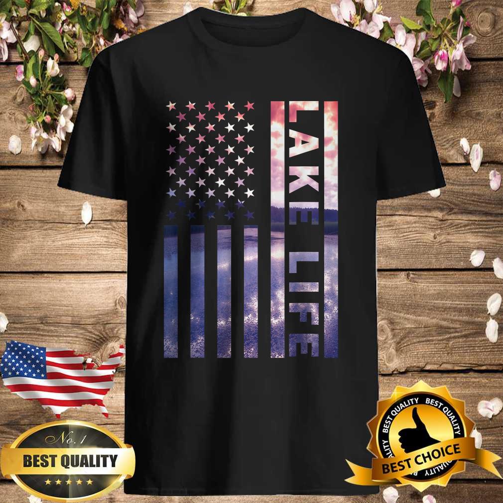 Lake Life American Flag Dock Sunset Wakeboarder Power Boat T-Shirt