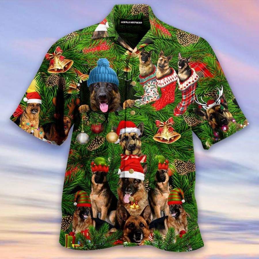 Lovely Christmas German Shepherd Green Hawaiian Aloha Shirts