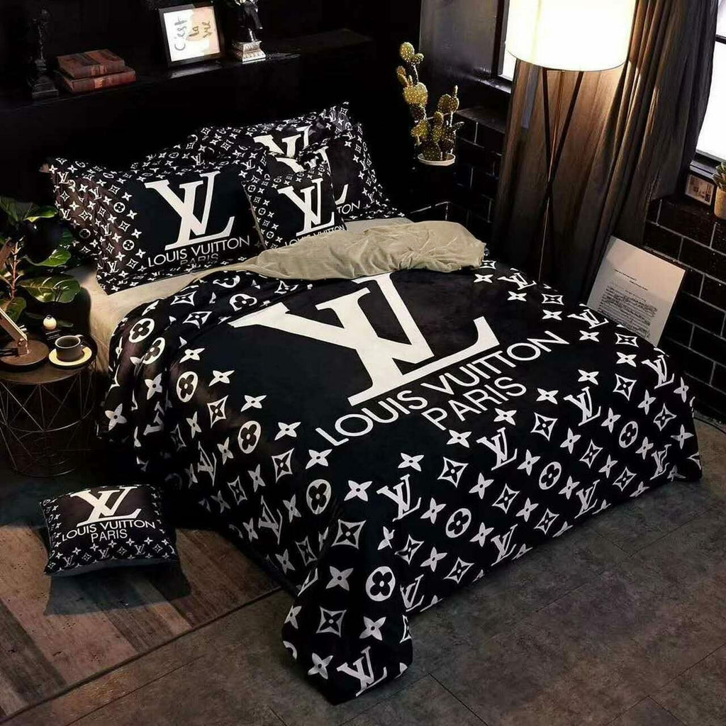 Luxury Louis Vuitton Paris Logo in Black Background Bedding Set
