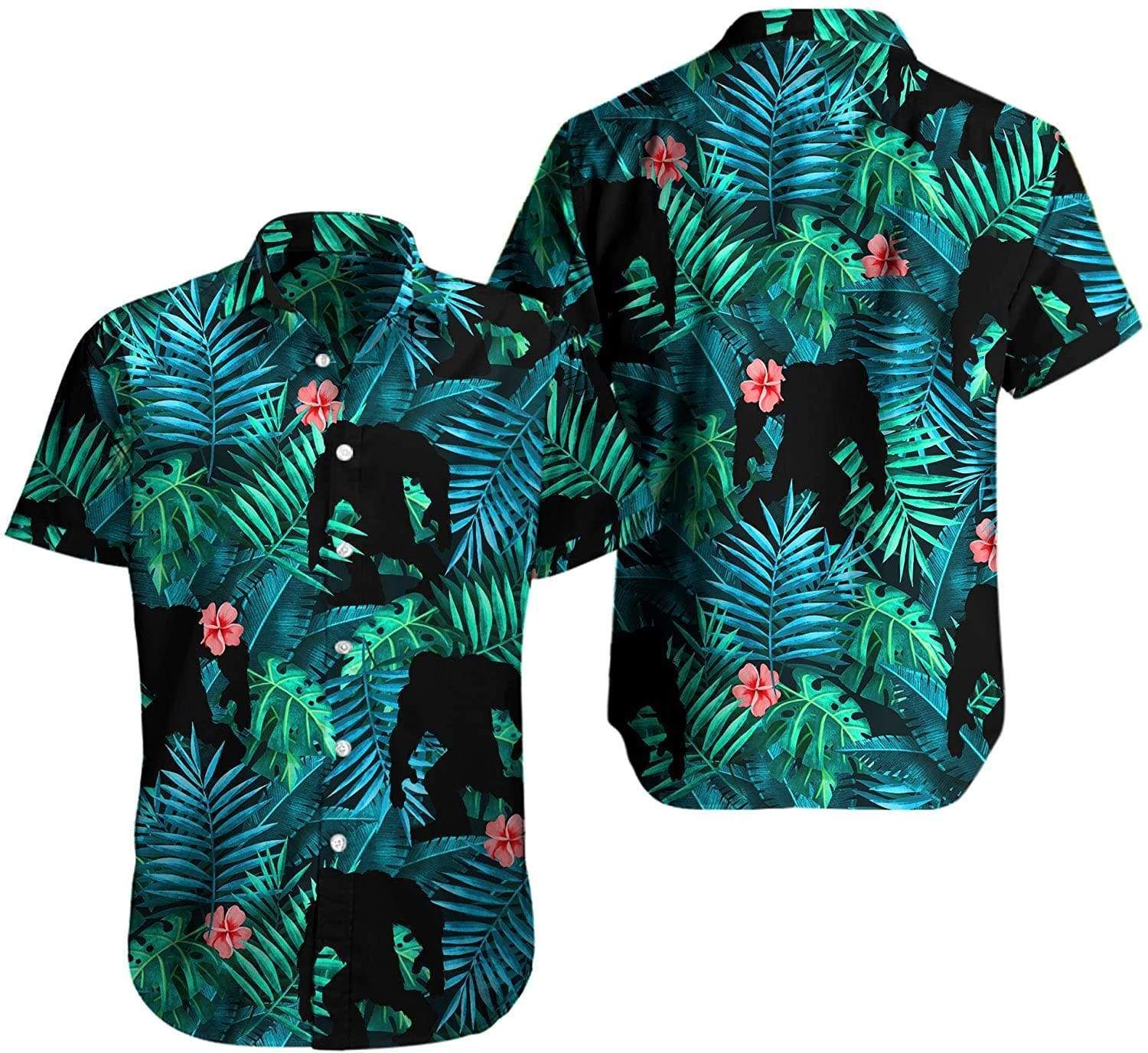 Men Summer Vacation Beach Hawaiian Floral Bigfoot Short Sleeve Casual Button Down Shirt