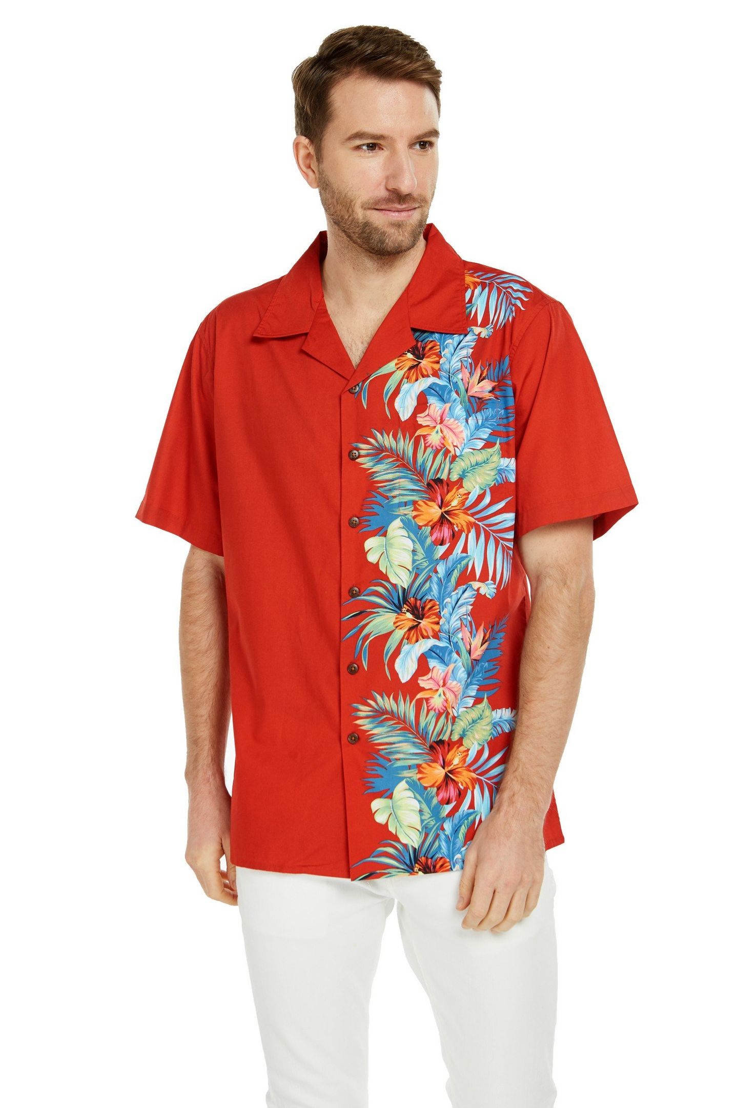 Men’s Hawaiian Aloha Premium Cotton Shirt Orchid Paradise In Red