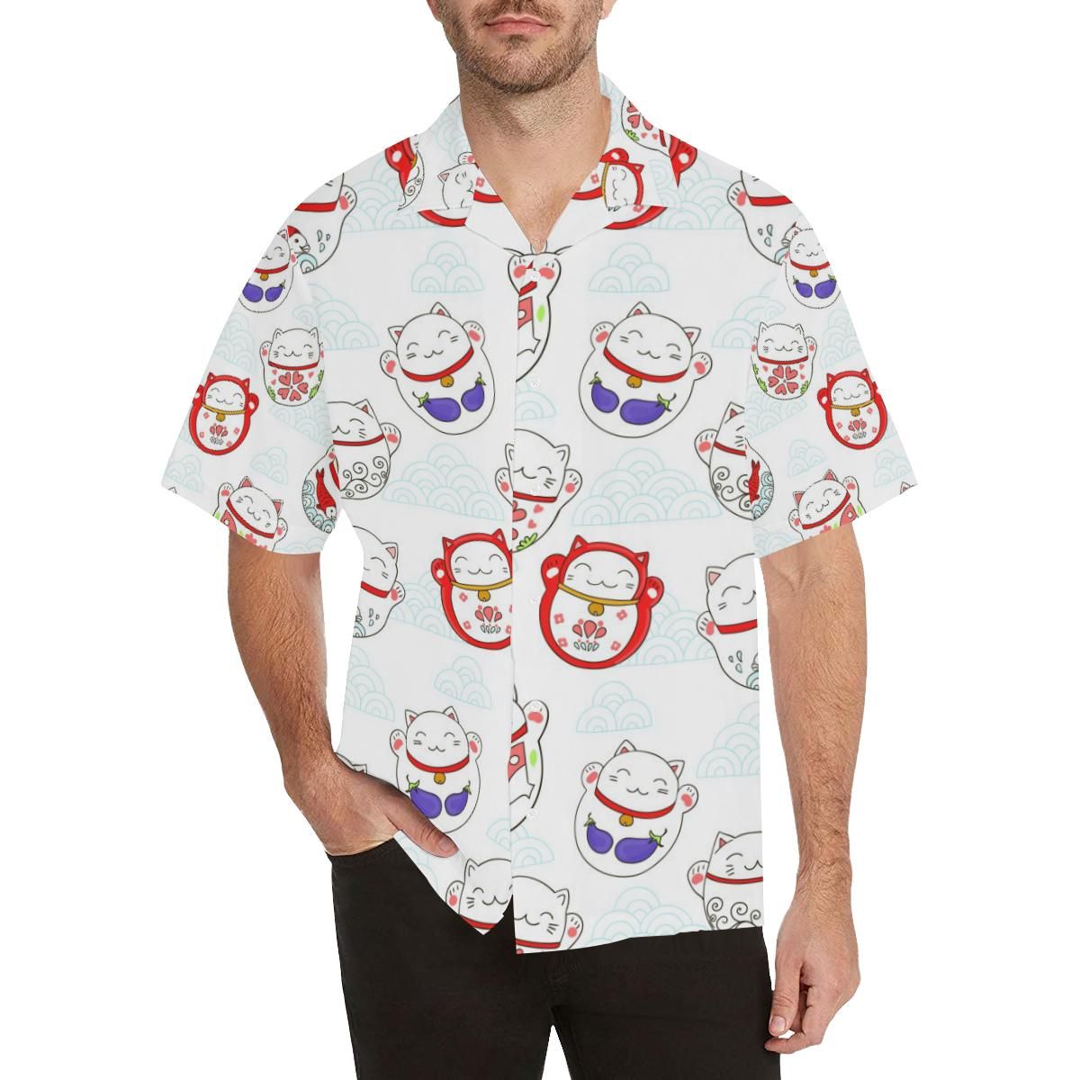 Meneki Neko Lucky Cat Pattern Men’s All Over Print Hawaiian Shirt