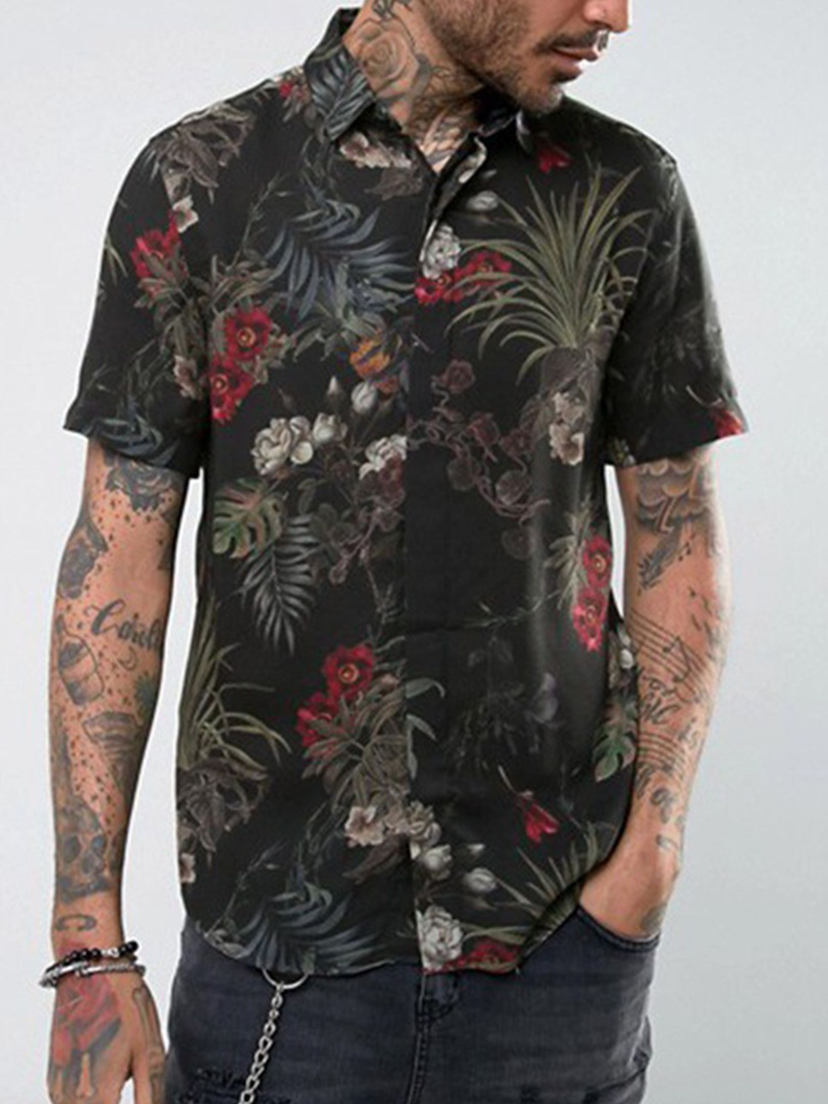 Men's Black Retro Floral Print Button Hawaiian Shirt