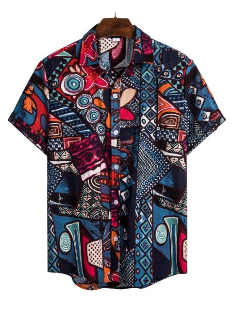 Men's Cotton And Linen Abstract Geometric Print Button Up Hawaiian Shirt