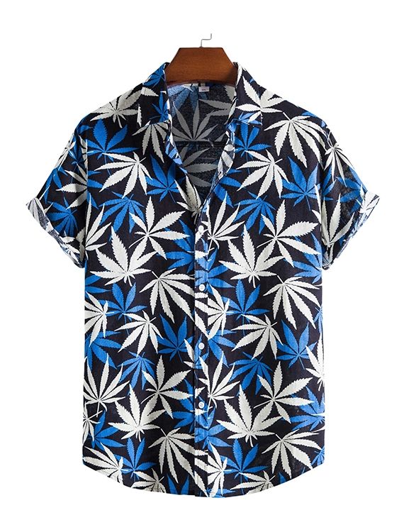 Men's Fashion Leaf Print Short Sleeve Hawaiian Shirt