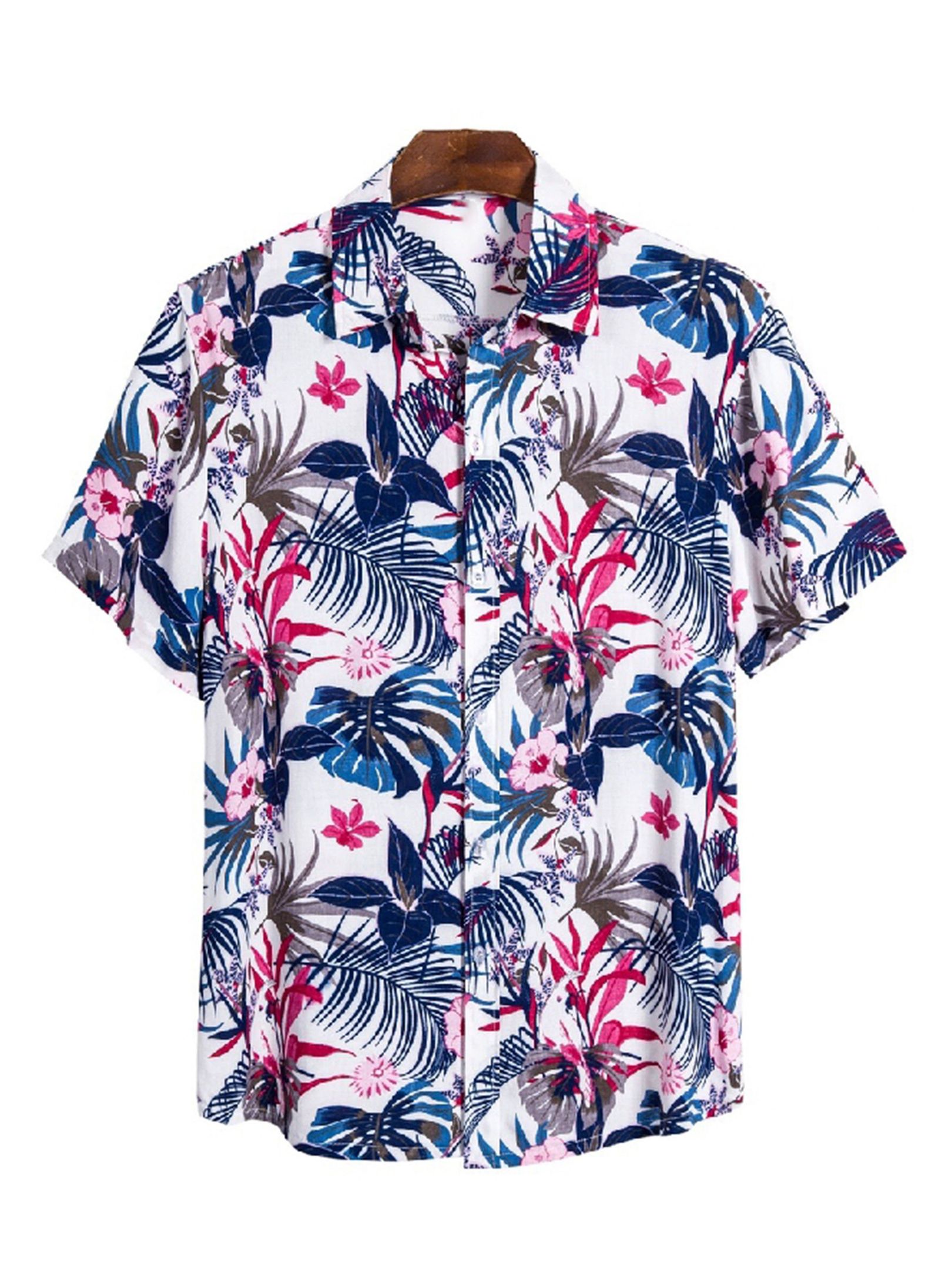 Men's Leaf Print Floral Pocket Short Sleeve Hawaiian Shirt