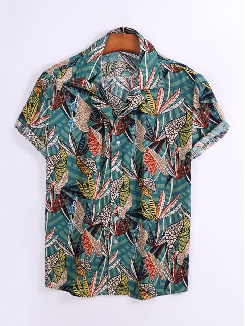 Men's Retro Leaf Print Short Sleeve Button Up Hawaiian Shirt