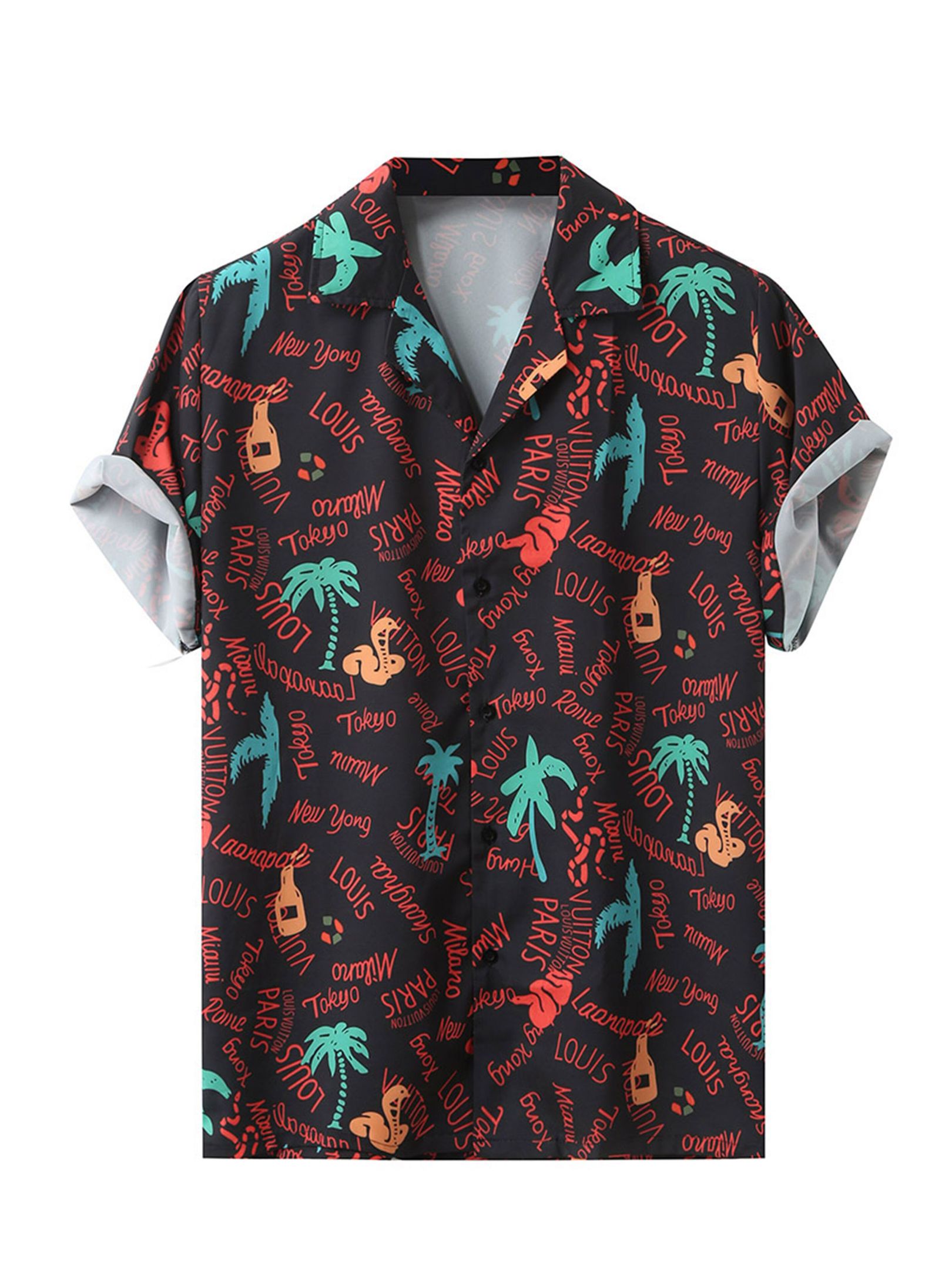 Men's Retro Palm Tree & Slogan Graphic Short Sleeve Hawaiian Shirt