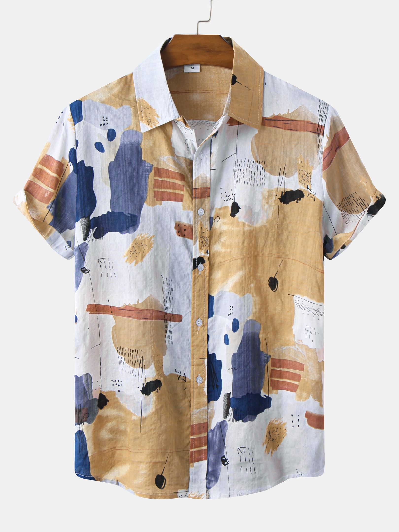 Men's Retro Watercolor Block Pattern Button Lined Hawaiian Shirt