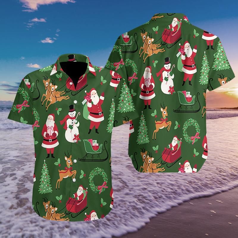 Merry Christmas Santa Snowman Reindeer Pattern Hawaiian Aloha Shirts #1310l