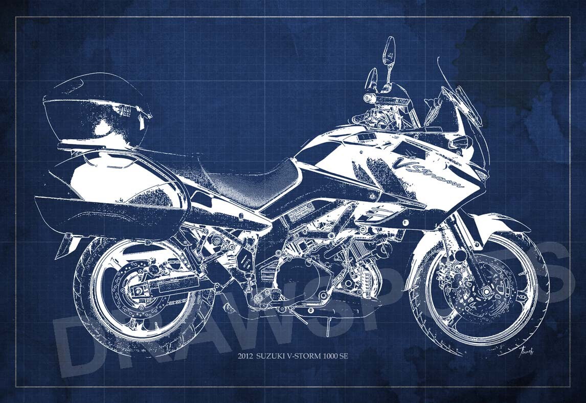 Motorcycle poster SUZUKI V-Strom 1000 SE 2012 Blueprint, Art Print 1400x963 In and larger sizes, Motorcycle Art print,Drawing for men cave