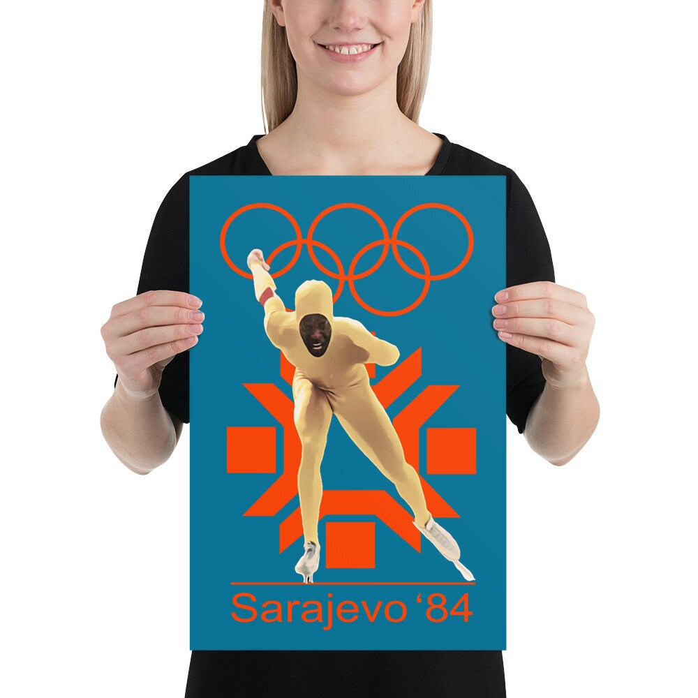 Museum-quality poster 1984 Winter Olympics - Men's Speed Skating SARAJEVO, YUGOSLAVIA - FEBRUARY 14