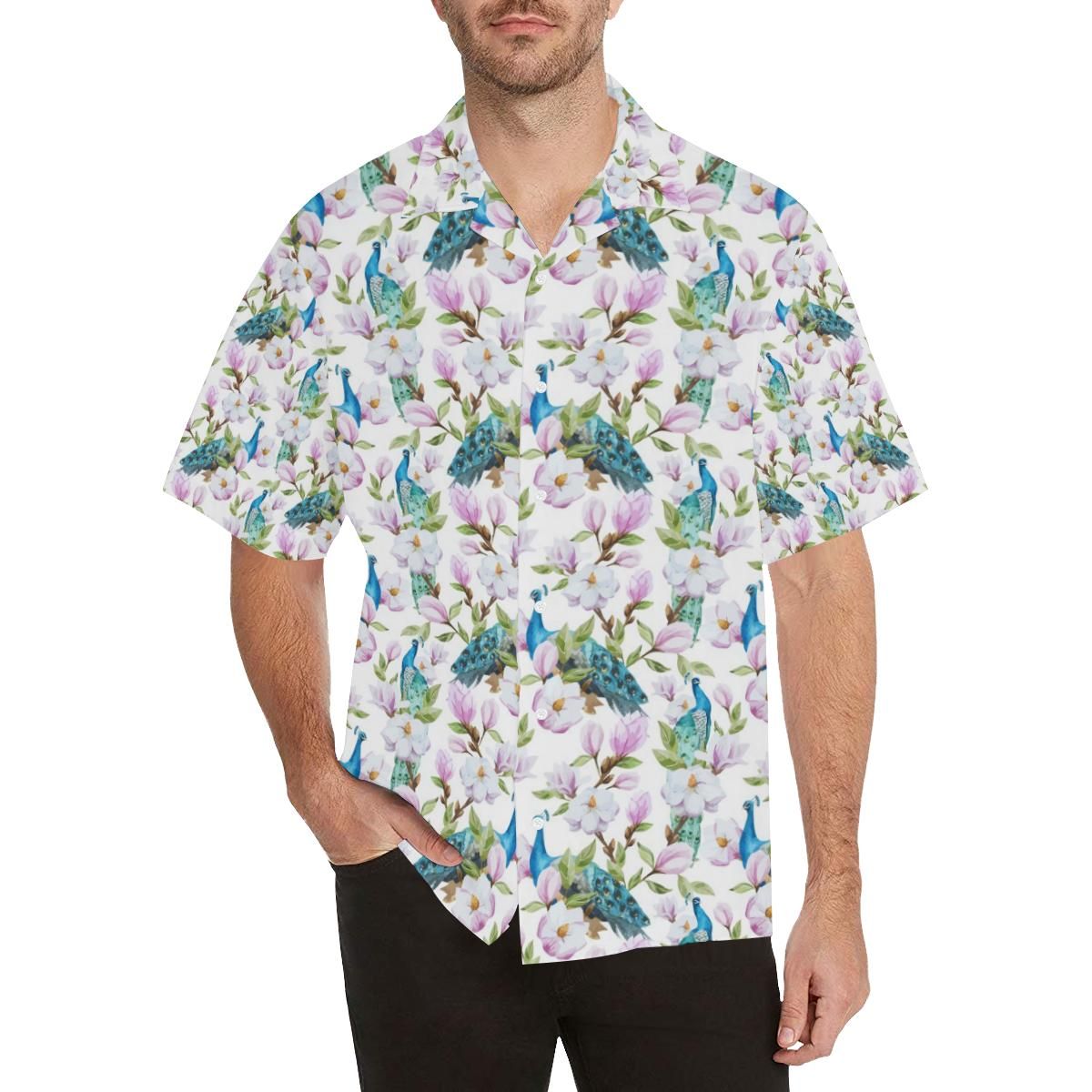 Peacock Pink Flower Pattern Men’s All Over Print Hawaiian Shirt