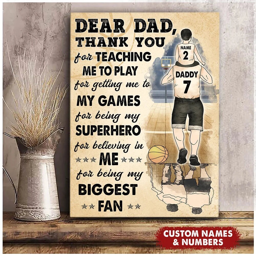 Personalized Basketball Dad And Son Poster Canvas- Dear Dad Thank You For Teaching- Basketball Family Poster- Father's Day Gift For Dad-1