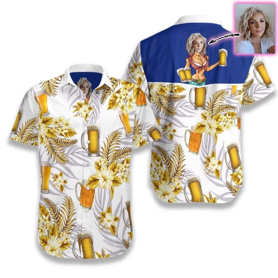 Personalized My Sexy Beer Girl Yellow Hawaiian Aloha Shirts Custom Face Big And Tall Hawaiian Shirts