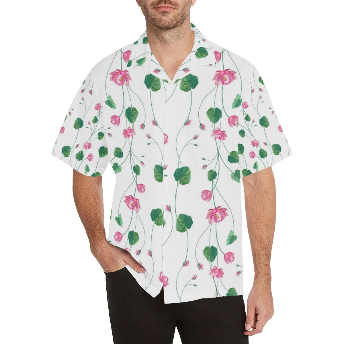 Pink Lotus Waterlily Flower Pattern Men’s All Over Print Hawaiian Shirt