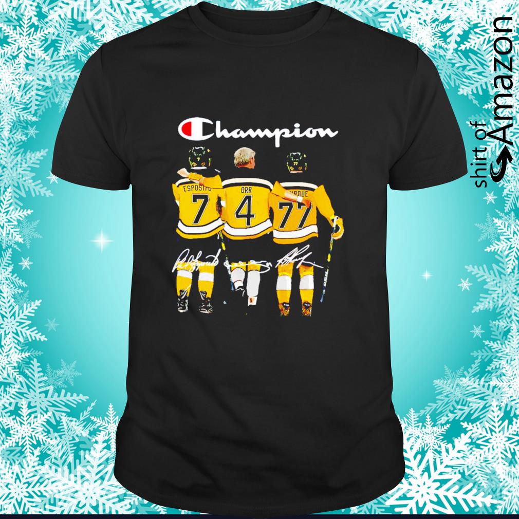 Premium Boston Bruins Champions Esposito 7 Orr 4 Bourque 77 signatures t-shirt