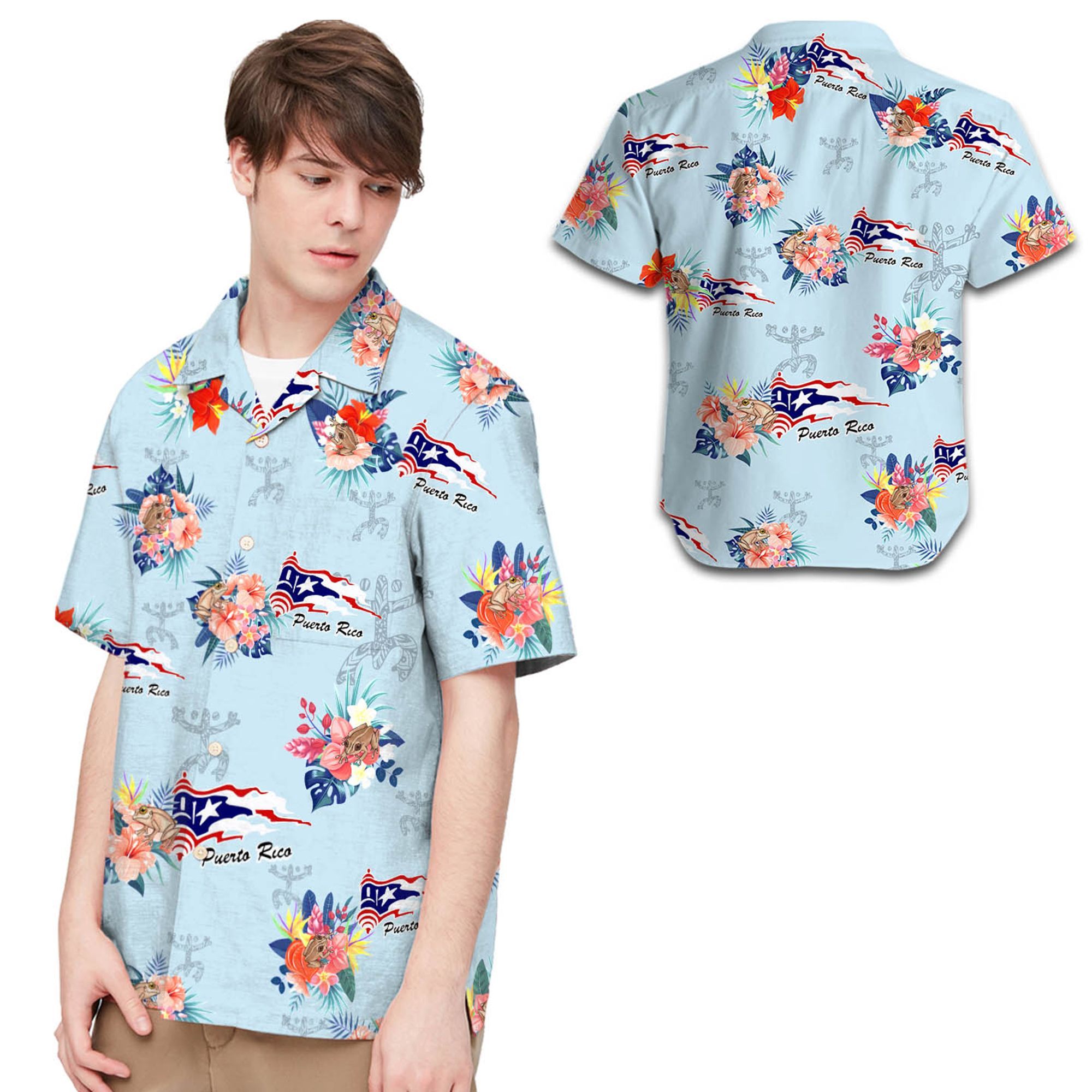 Puerto Rico Frog Flag Hibiscus 3D Hawaiian Shirt For Men For Puerto Rican