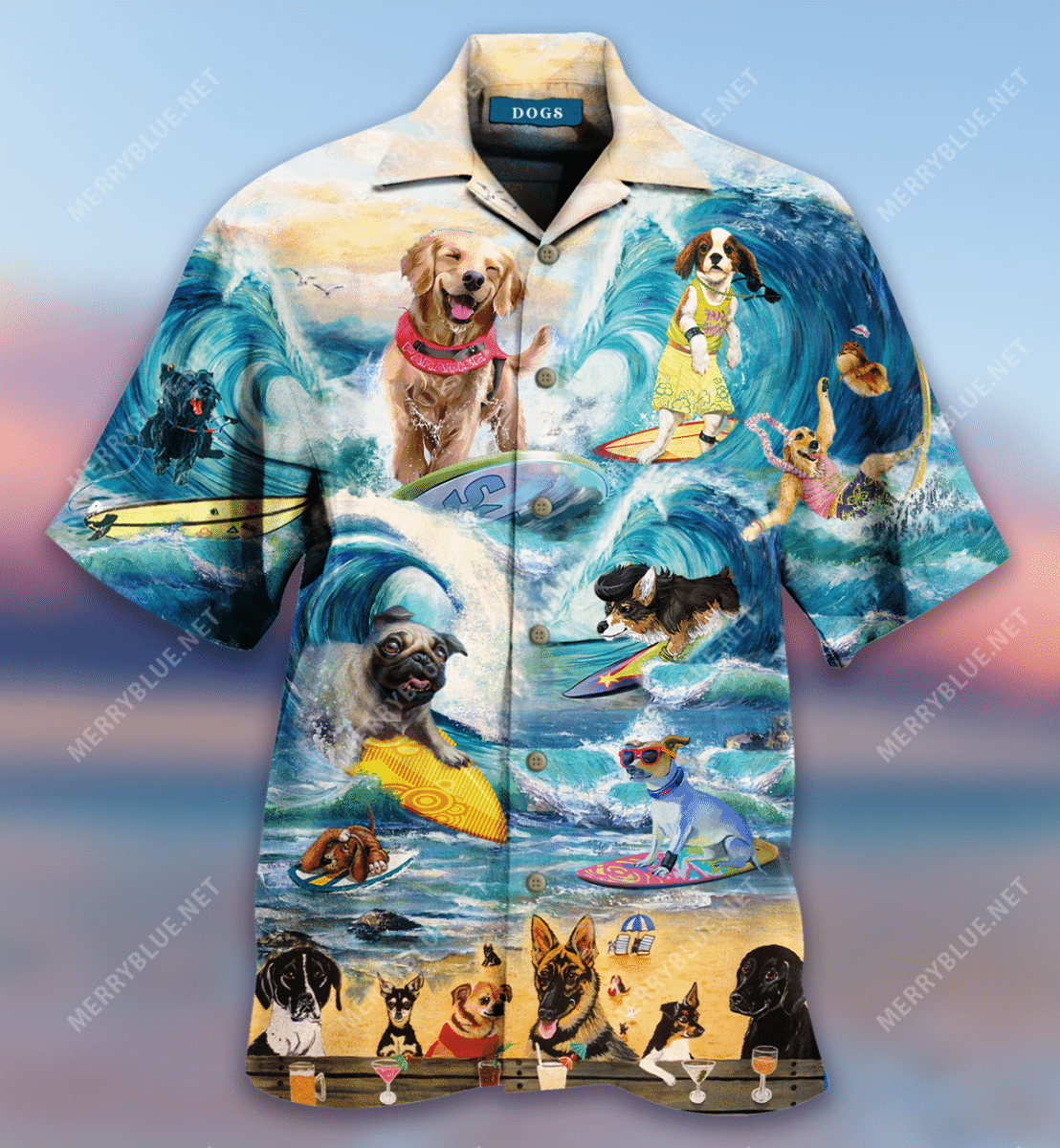 Puppies Surfing By The Beach Hawaiian Shirt