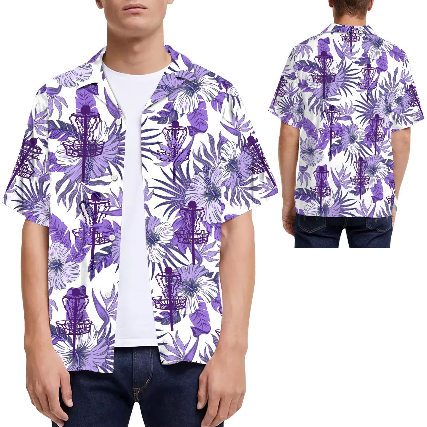 Purple Disc Golf Hibiscus Men Hawaiian Shirt For Outdoor Sport Lovers