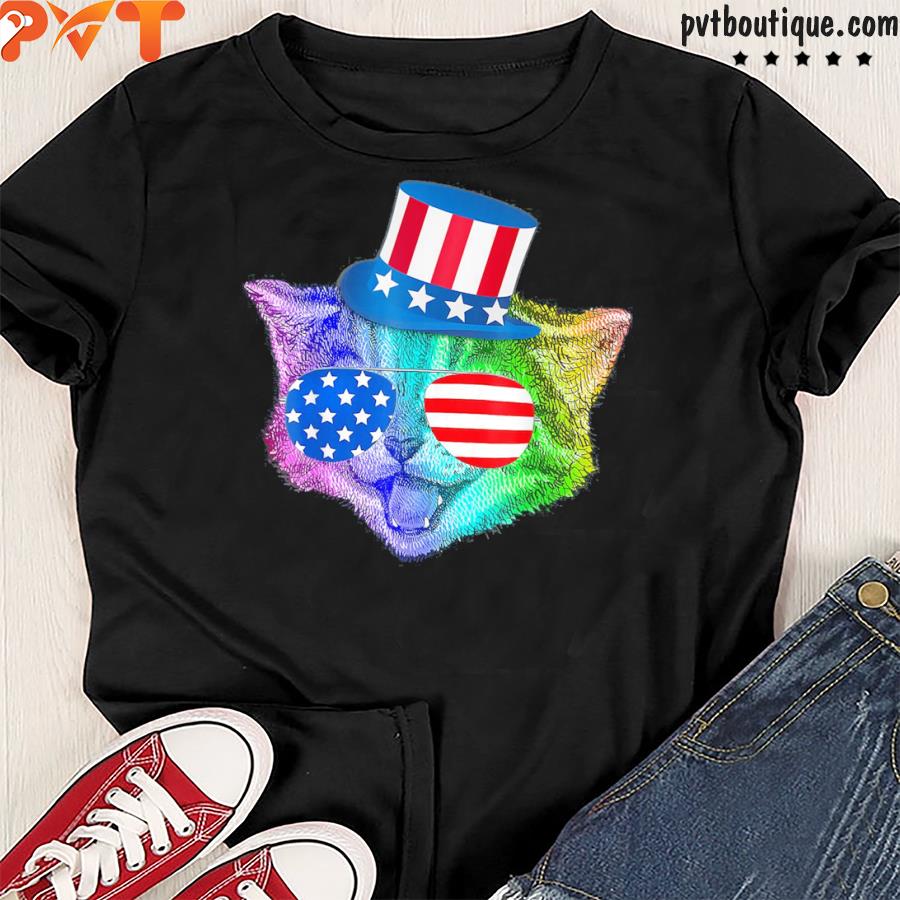 Rainbow feline cat 4th of july American flag shirt