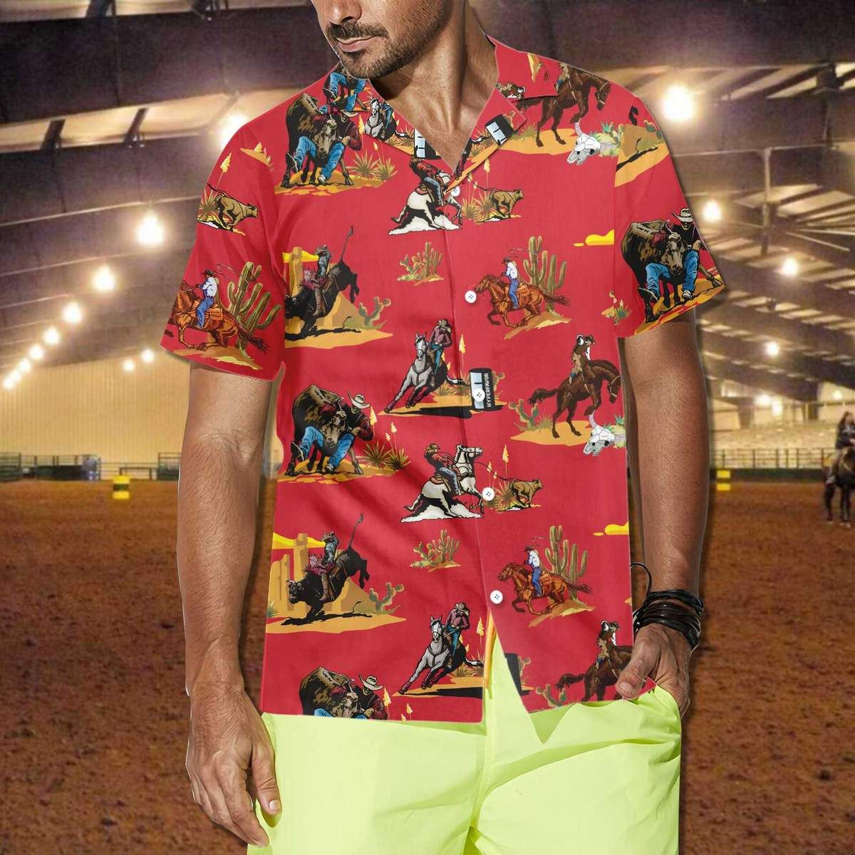 Red Pattern Rodeo Cowboy Hawaiian Shirt #H