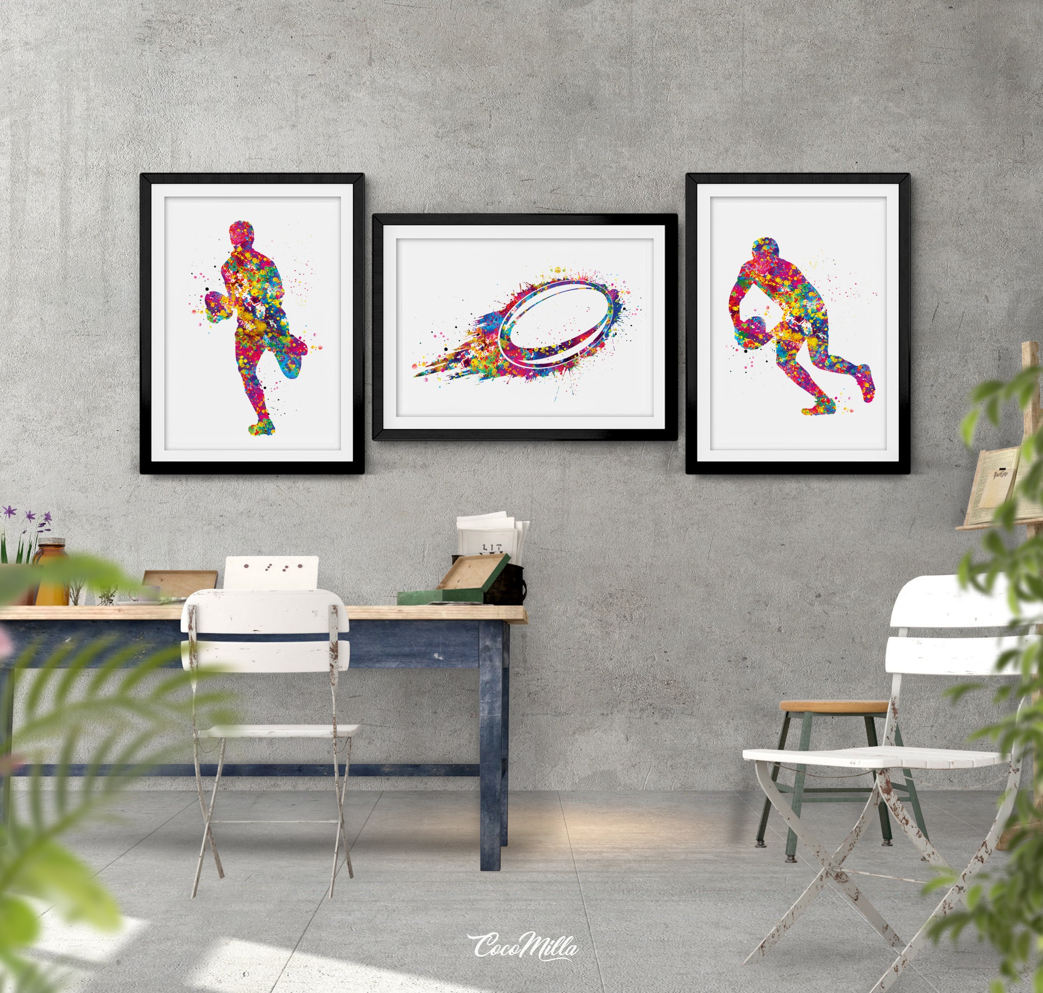 Rugby Player Set of 3 Watercolor Print Rugby Player Man Boy Sports Fan Gift Nursery Dorm Room Rugby Ball Poster Wall Art Wall Decor-1700