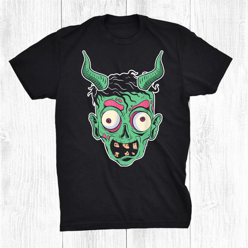 Scary Green Zombie With Devil Horns Funny Eyes Halloween Shirt