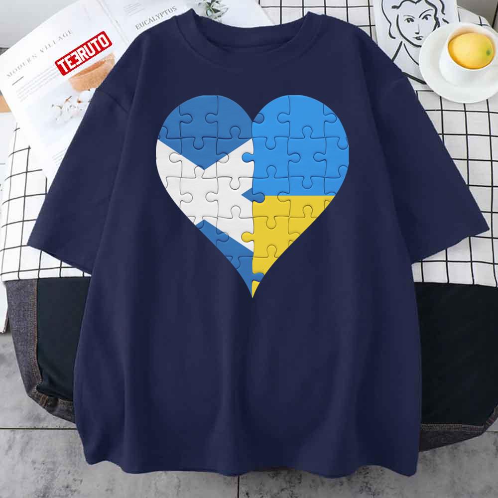 Scottish Ukrainian Flag United Heart Jigsaw Puzzle Scotland Ukrain Unisex T-Shirt